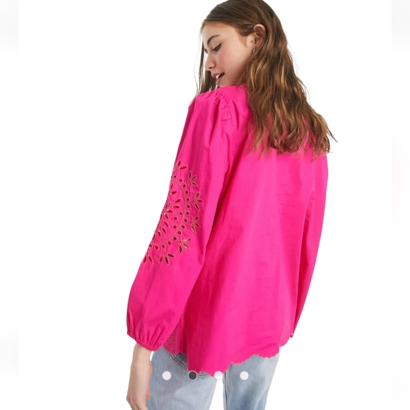 J.Crew Mock Neck Embroidered Eyelet Cotton Poplin Top In Fuschia Blossom - Picture 14 of 16